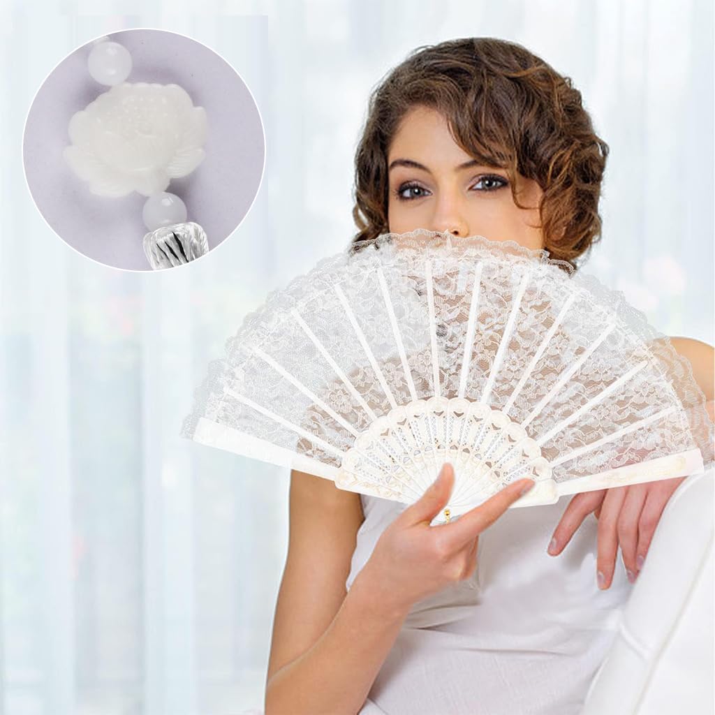 HASTHIP Hand Fan for Summer Travel with Tassel Charm and 9 in White Fabric | Elegant Gift