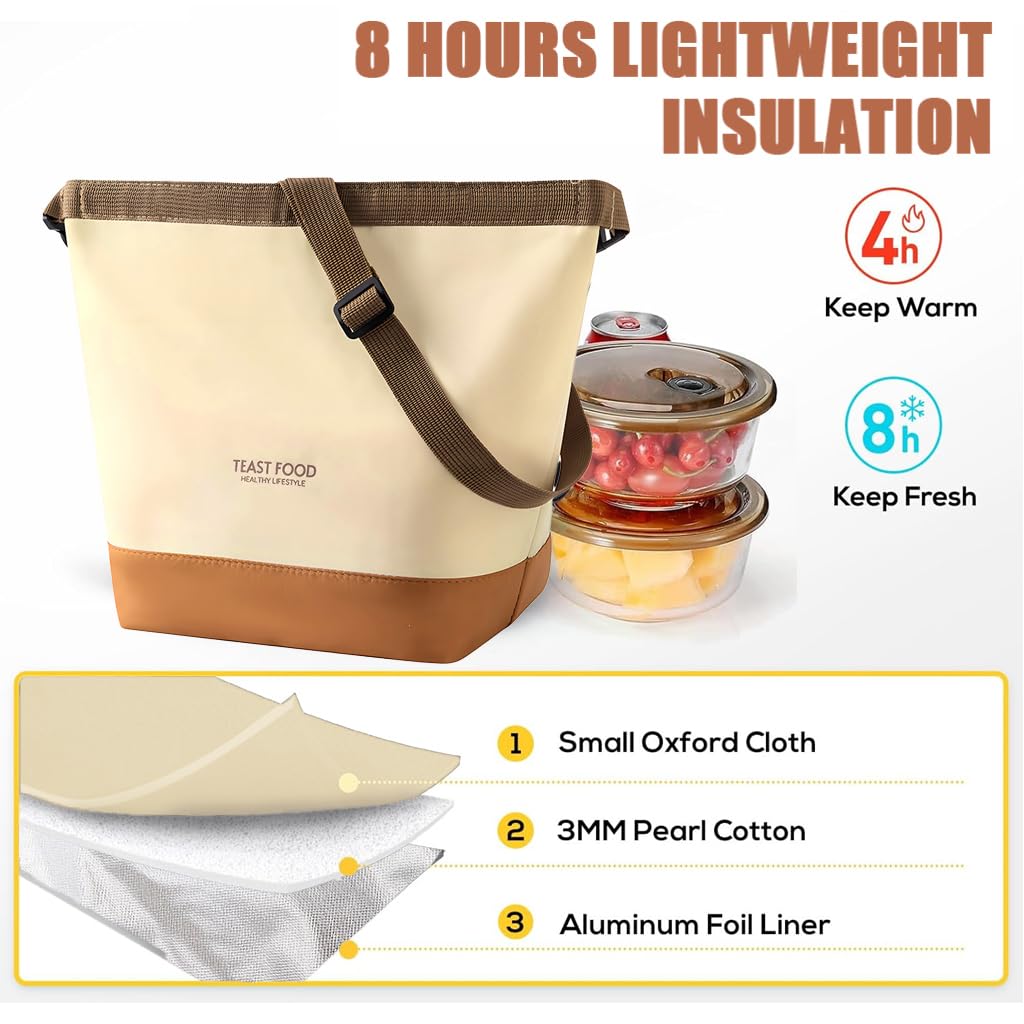 HASTHIP Insulated Lunch Bag for Office and Travel with 11.5L Capacity | Waterproof Oxford Cloth Beige