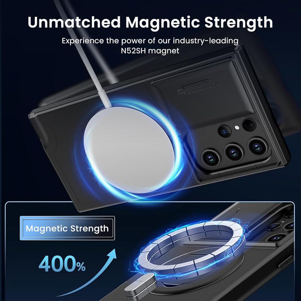 HASTHIP® 6.8" Black Samsung Galaxy S22 Ultra Case with Sliding Camera Protector, MagSafe Compatible Ring Holder, Durable TPU, Anti-Scratch, Hands-Free Stand