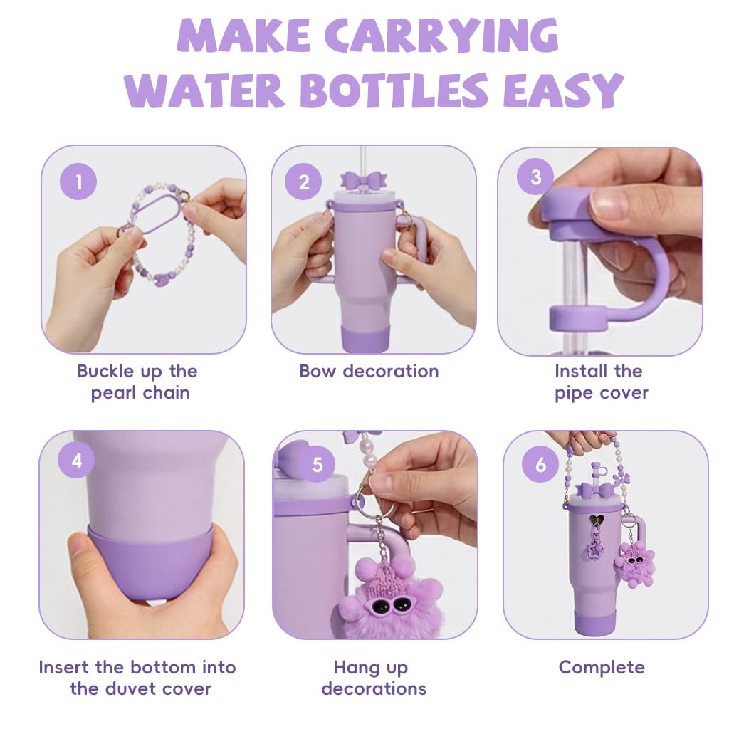 HASTHIP® Tumbler Cup Accessories Set for Stanley, 6Pcs Stylish Drinking Cup Accessories, Sweet Bow Beaded Cup Chain Handle, Bottom Sleeve Purple Bow Straw Charm, Straw Tip Cover, Cute Plush Charm