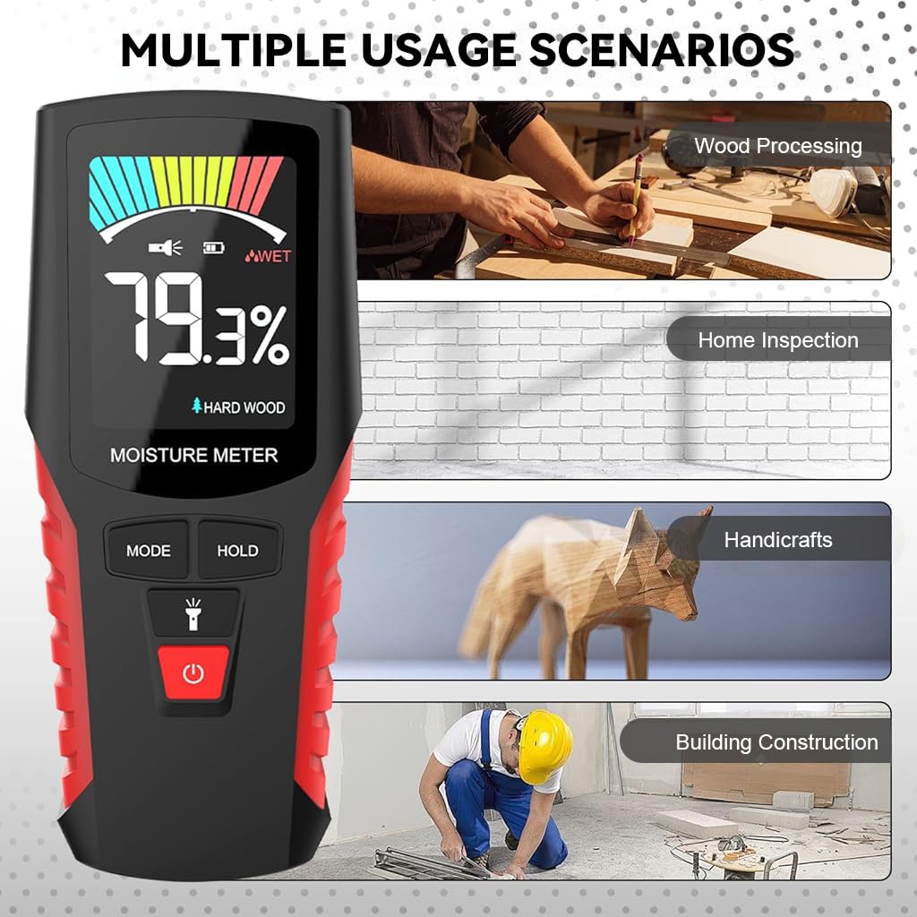 HASTHIP® Wood Moisture Meter with Light, Pinless Moisture Meter, LCD Color Display, Wall Moisture Meter with Sound Alarm & 4 Mode Moisture Sensor for Firewood, Lumber, Masonry, Battery Not Included