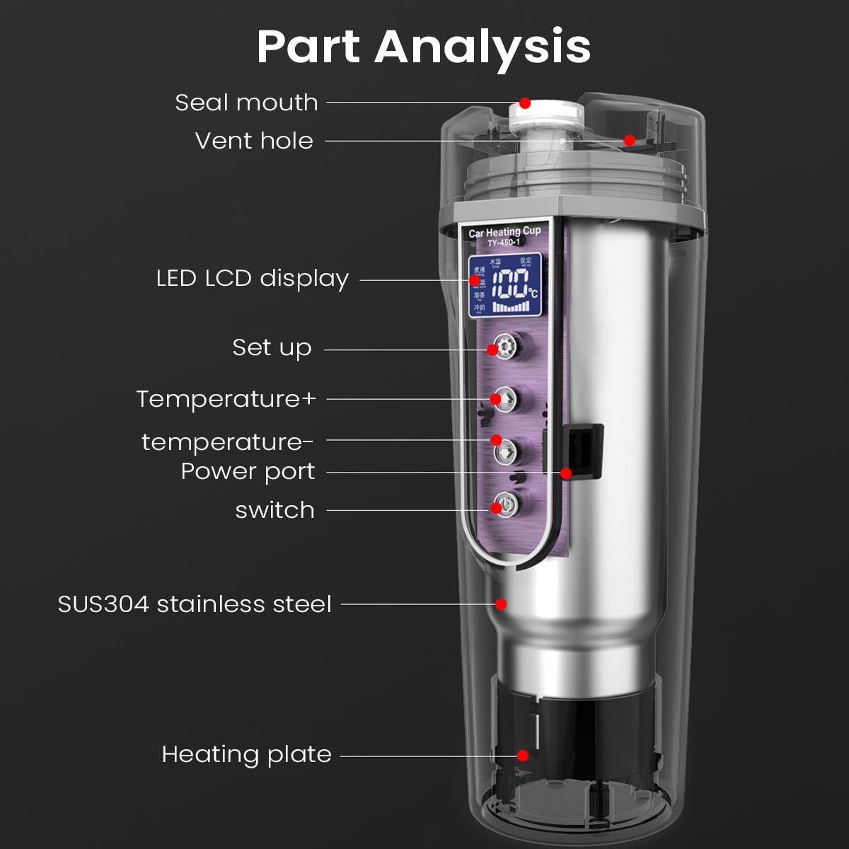 Car Electric Kettle 450ml Electric Heating Water Cup for 12/24V Vehicle LCD Digital Temperature Display Electric Water Kettle 304 Stainless Steel Liner Leak-proof Water Heaters