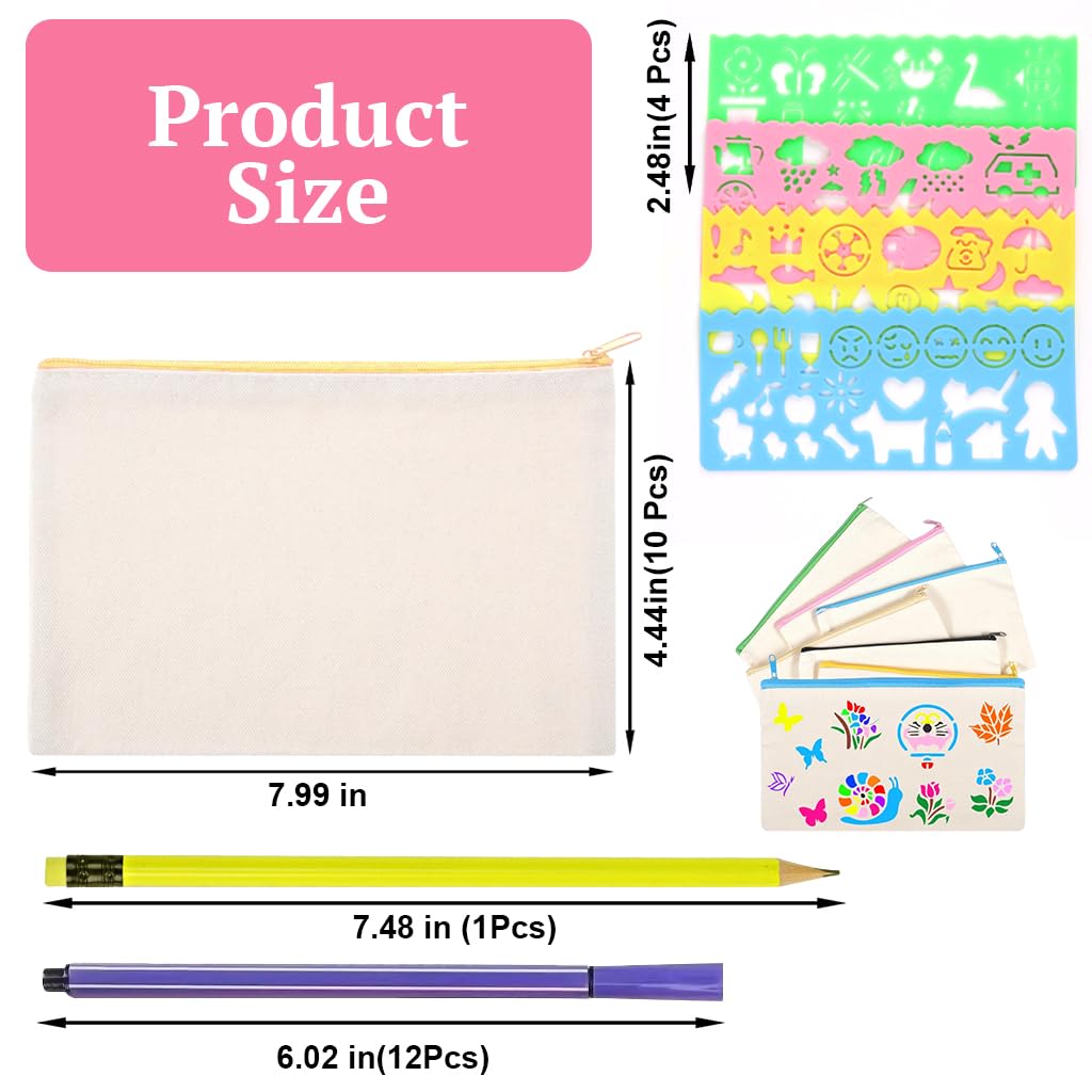 HASTHIP DIY Canvas Pencil Pouches Kit for Kids and Adults with 12 Pens | 10 Blank Cotton Bags