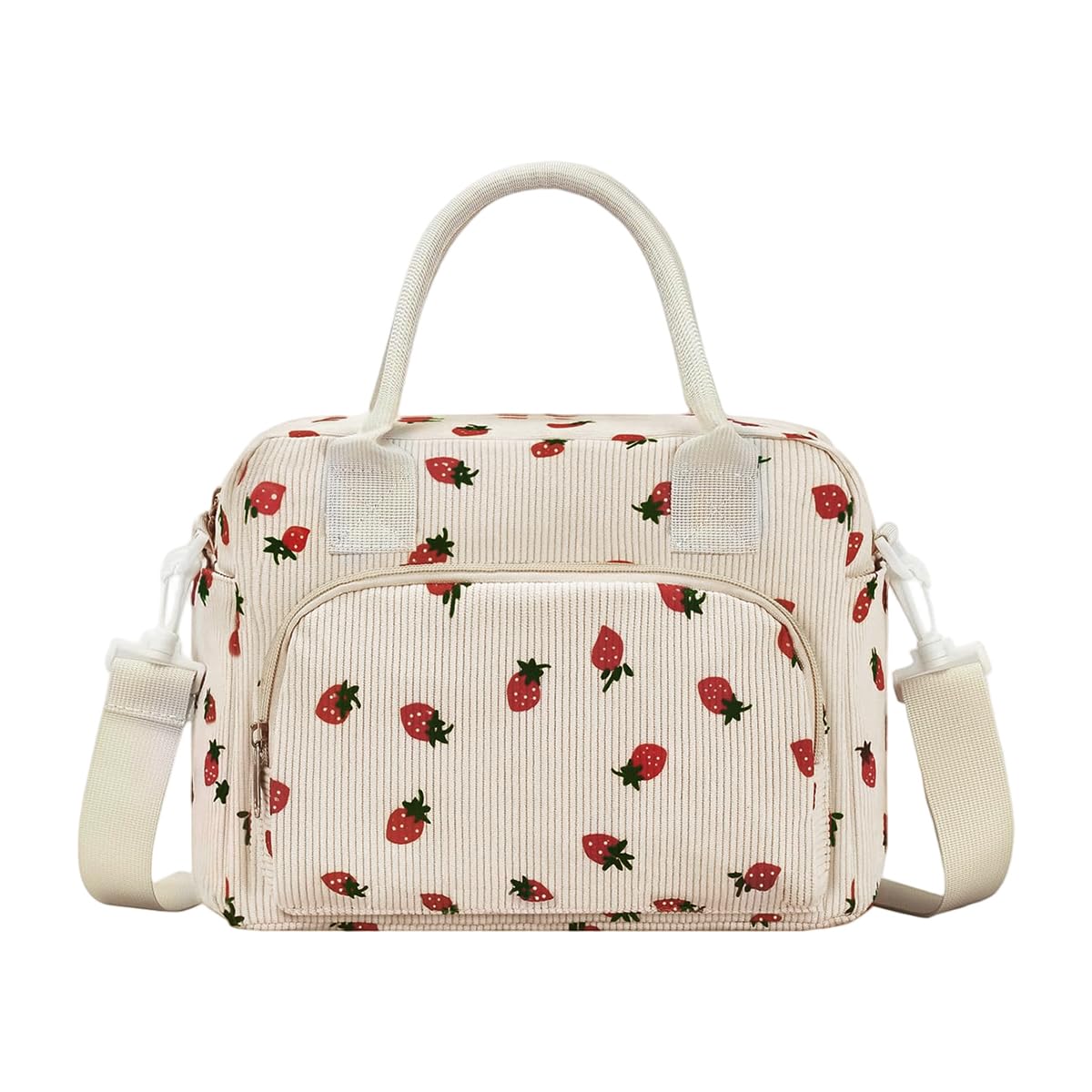 HASTHIP® Insulated Lunch Bag for Women Girls, Corduroy Strawberry Tiffin Tote with Removable Shoulder Strap, Reusable Thermal Cooler Lunch Box for Office School Travel Work Beige
