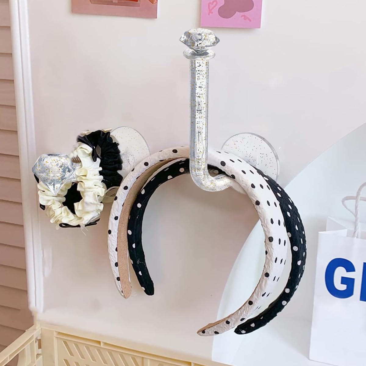HASTHIP® 4Pcs Headband Holder Stand Scrunchie Organizer, Girls Hair Accessories Organizer Storage, Acrylic Clear Glitter Adhesive Scrunchy Holder Tower Storage for Women Girls