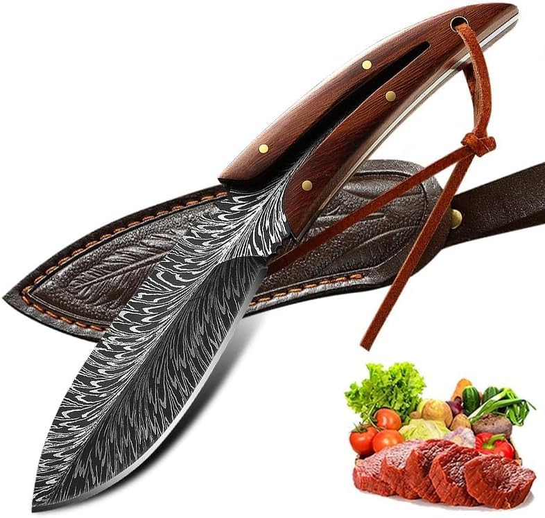 HASTHIP® Feather Kitchen Knife for Meat Cutting, Peeling, Slicing & Boning, High Carbon Steel Full Tang Blade Rosewood Handle with Leather Sheath, Professional Cooking & Outdoor Knife 7.8''-Multicolor
