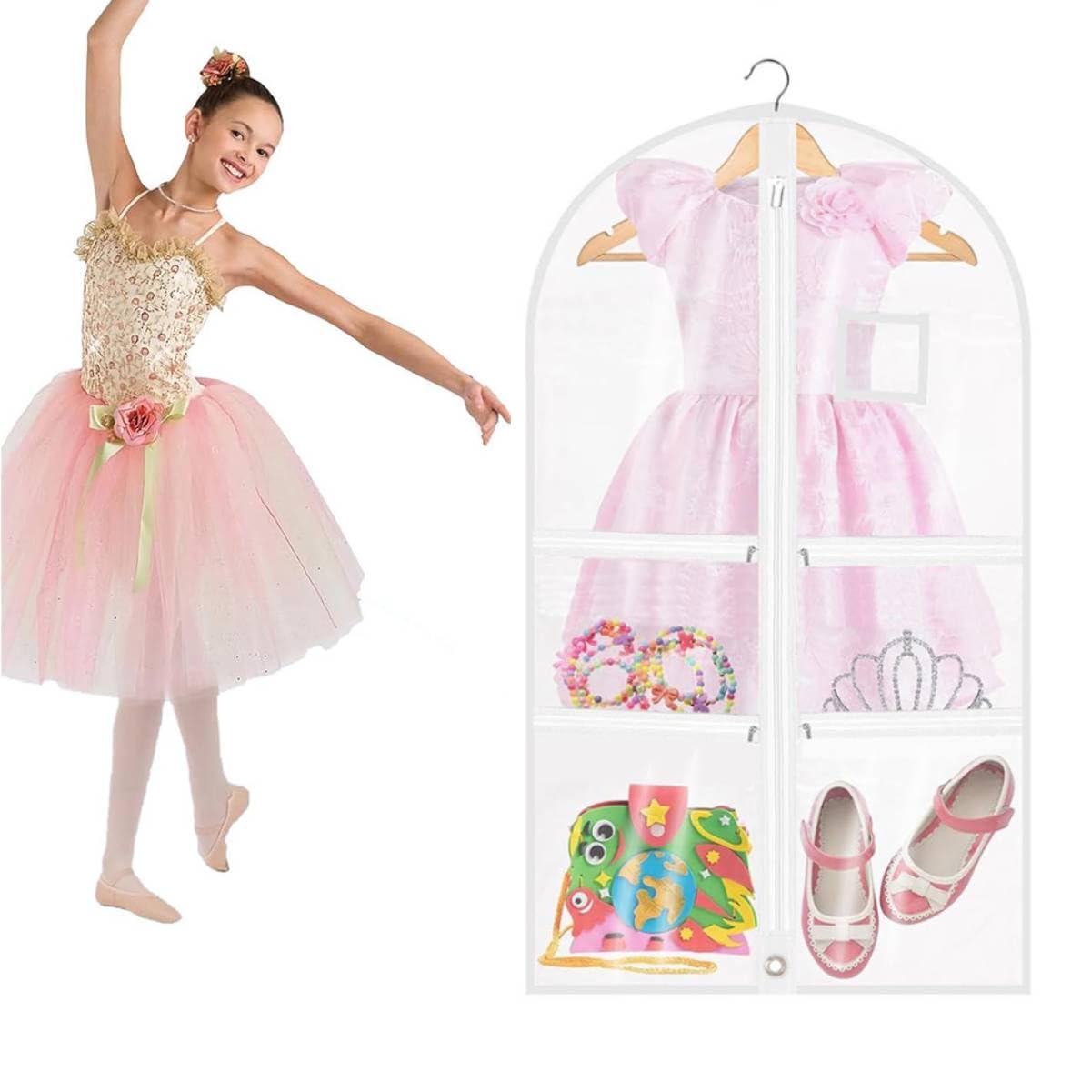 HASTHIP Wedding Dress Garment Bag for Bridal Gowns featuring 4 Zipper Pouches and 60x40x180cm Size | Cotton Fabric with Hanging Hole