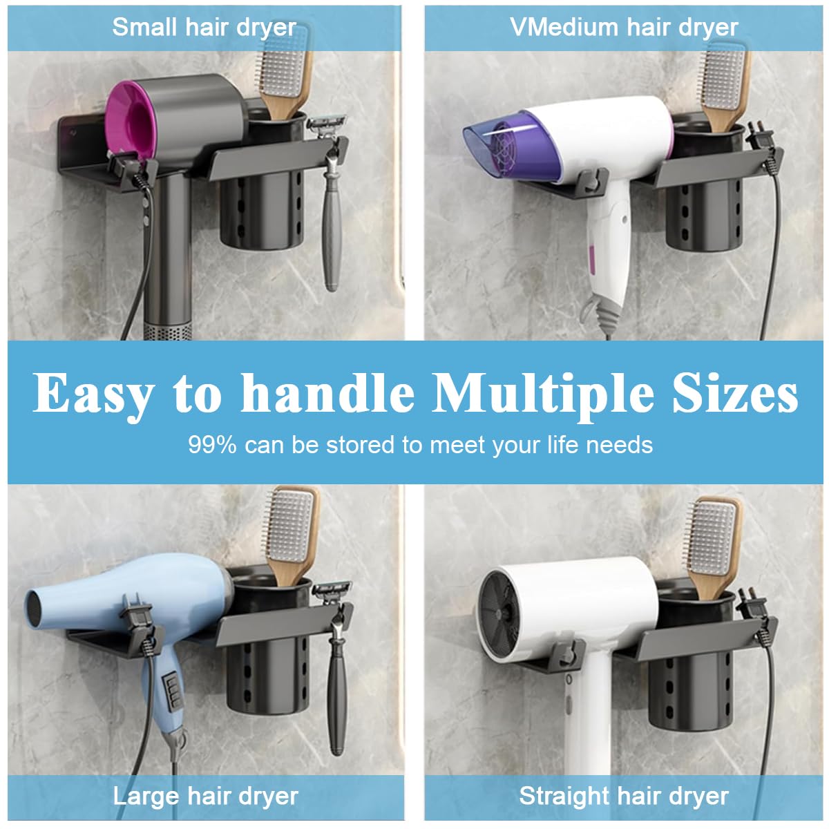 HASTHIP Hair Dryer Stand for Bathroom and Salon with 3 in 1 Organizer Carbon Steel | Space Saving Wall Mounted Holder