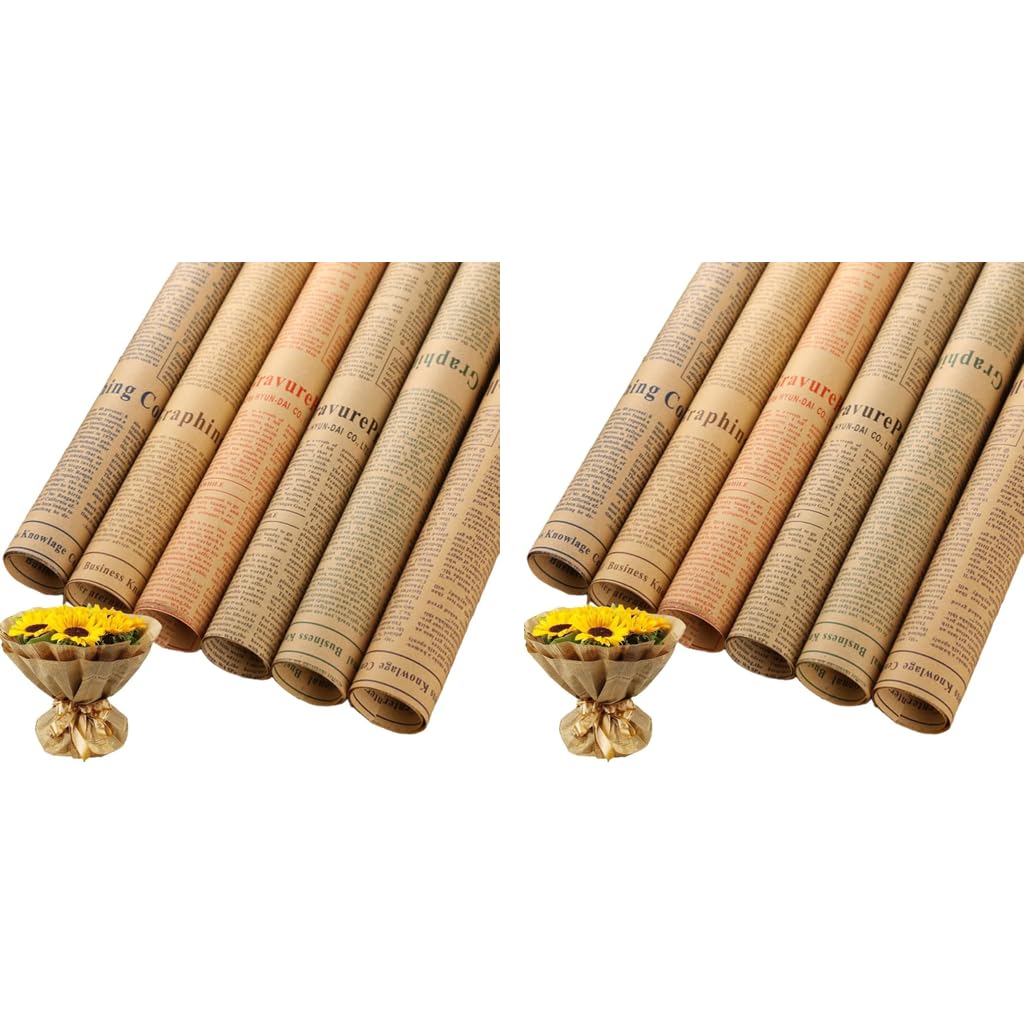 HASTHIP Flower Packing Papers for Gifts and Bouquets featuring Retro Newspaper Style 50x70cm 6 Sheets