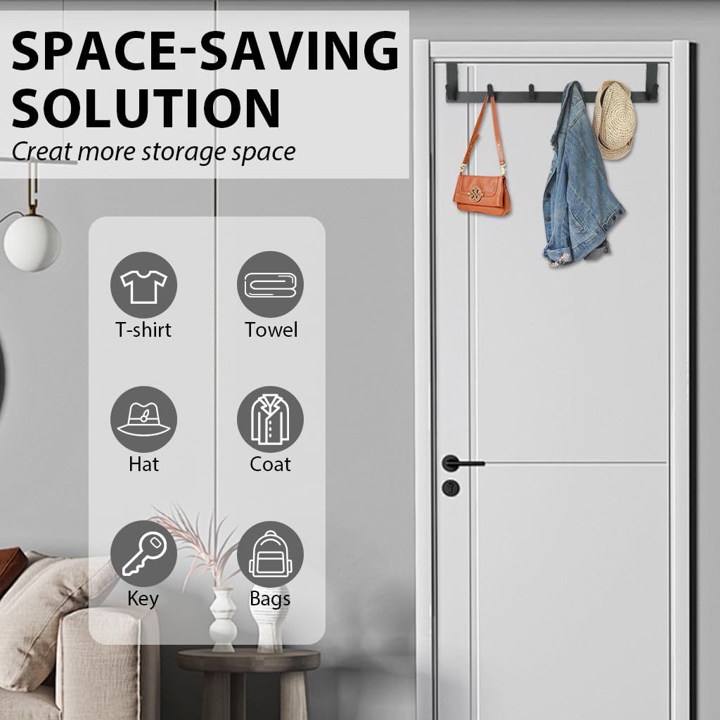 HASTHIP Over the Door Hooks for Clothes and Towels featuring 6 Hook Rack in Black Aluminum