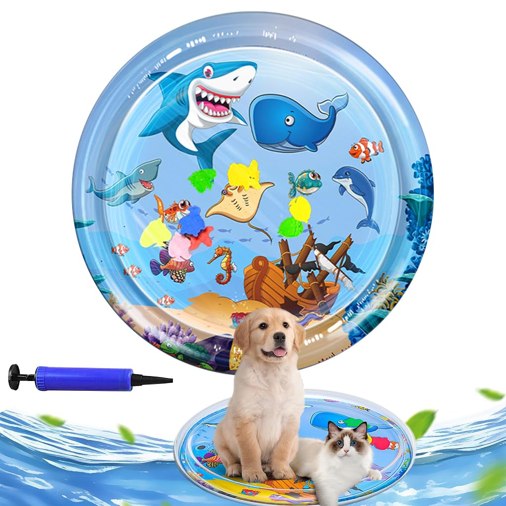HASTHIP® Tapete de Agua para Gatos,Alfombra Sensorial Interactiva con Bomba de Aire,Cama Refrescante Antirrayas PVC Grueso con Ornamentos Peces Juego Portátil para Interior/Exterior