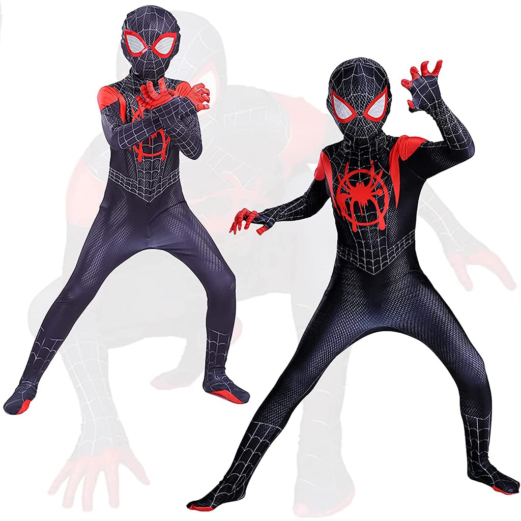 HASTHIP® Kids Spiderman Dress, Miles Morales Spider Man Costume for Kids, Superhero 3D Lenses Black Spider-Man Suit, Silk-Feel Fabric Fancy Jumpsuit & Mask for Boys Gift Halloween Cosplay XXL