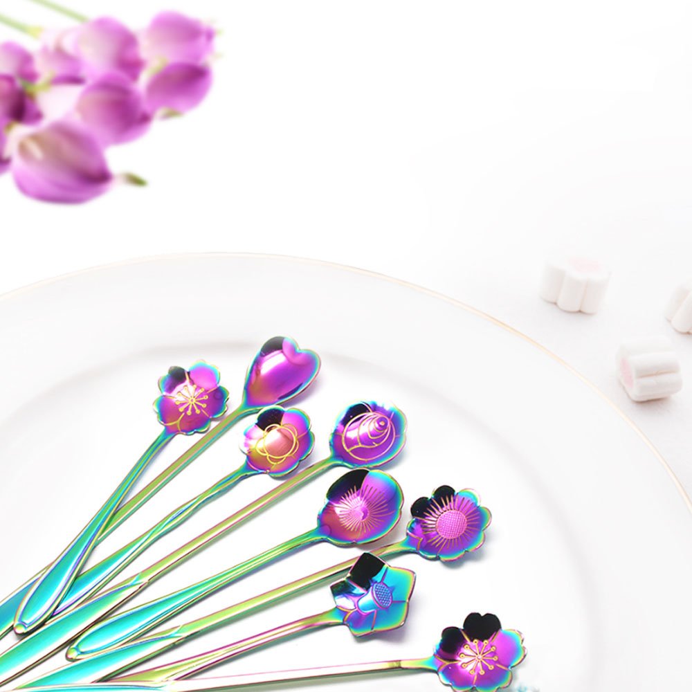 Hasthip Coffee Spoon Set for Tea and Dessert with Floral Shaped Design 8 Pcs 13.1 cm | Colorful Stainless Steel Reusable Teaspoons