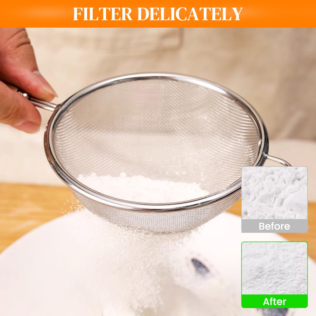 HASTHIP® Mesh Strainer for Kitchen, Colander Skimmer 304 Stainless Steel with Wooden Handle, Sieve Sifters for Food, Tea, Rice, Oil, Noodles