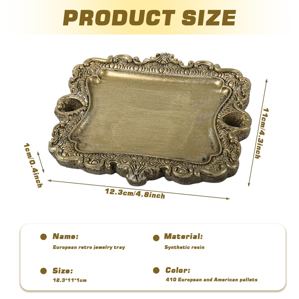 HASTHIP Jewelry Tray Organizer for Dresser featuring Embossed Resin Edge and Retro Metallic Finish 4.92x4.45 in