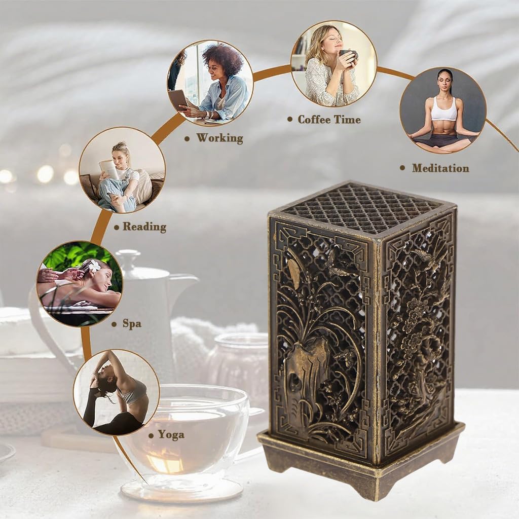 HASTHIP Incense Burner for Indoor Aromatherapy featuring Cutout Grid Pattern 3.4x3.4x6cm Copper Alloy