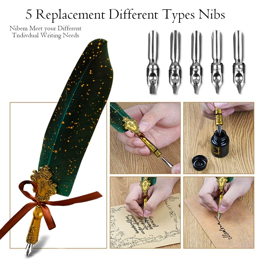 HASTHIP Quill Pen Ink Set for Calligraphy with 5 Replacement Nibs and Wax Seal Kit | Natural Feather Writing Gift