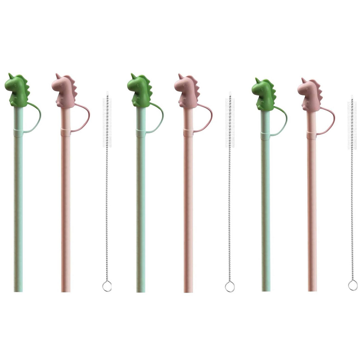 HASTHIP Silicone Straw Set 12 in with Cartoon Dino Cap and Cleaning Brush | BPA Free Reusable for Kids