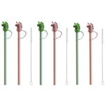 HASTHIP Silicone Straw Set 12 in with Cartoon Dino Cap and Cleaning Brush | BPA Free Reusable for Kids
