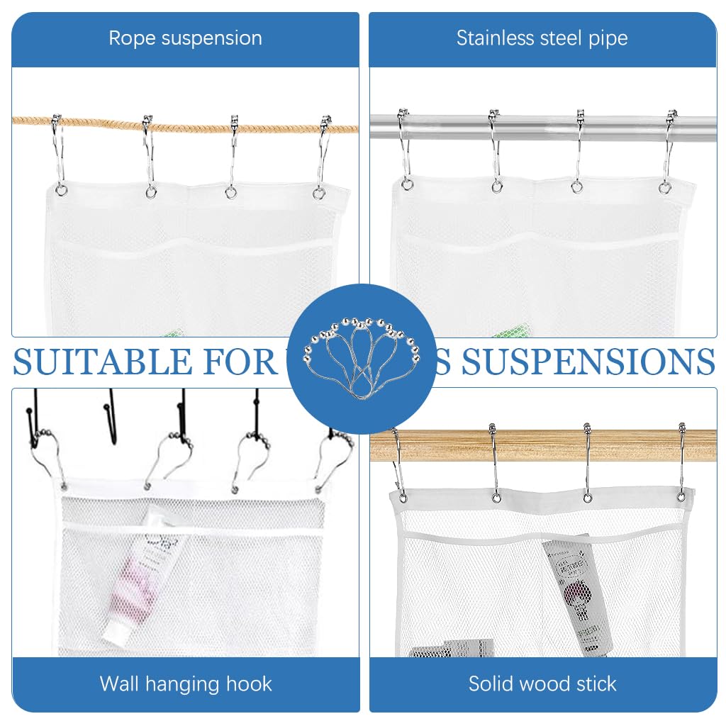 HASTHIP Mesh Shower Caddy Organizer with 6 Pockets and Metal Hooks featuring Quick Drying Mesh | White Bathroom Storage