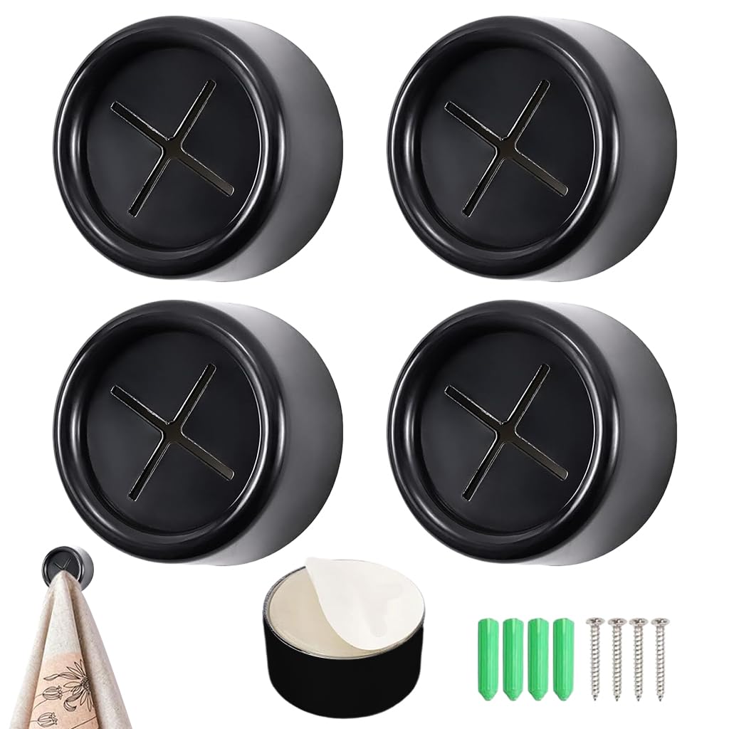 HASTHIP Wall Towel Holders for Kitchen and Bathroom featuring Push-in Snap Mechanism | 4Pcs 1.6 in Round Self Adhesive Cotton Black Set