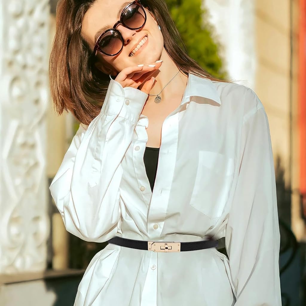 HASTHIP® Cinturón de Mujer de Piel Sintética,Cinturón Elegante con Hebilla Metálica Giro,Cinto Ajustable para Vestidos Pantalones y Abrigos Moda Casual y Formal (Talla 70-95cm)