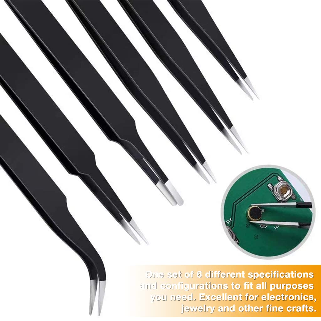 HASTHIP Tweezers Set for Electronics and Craft with Anti Slip Matte Handle | 6 Pcs Stainless Steel Precision Tools