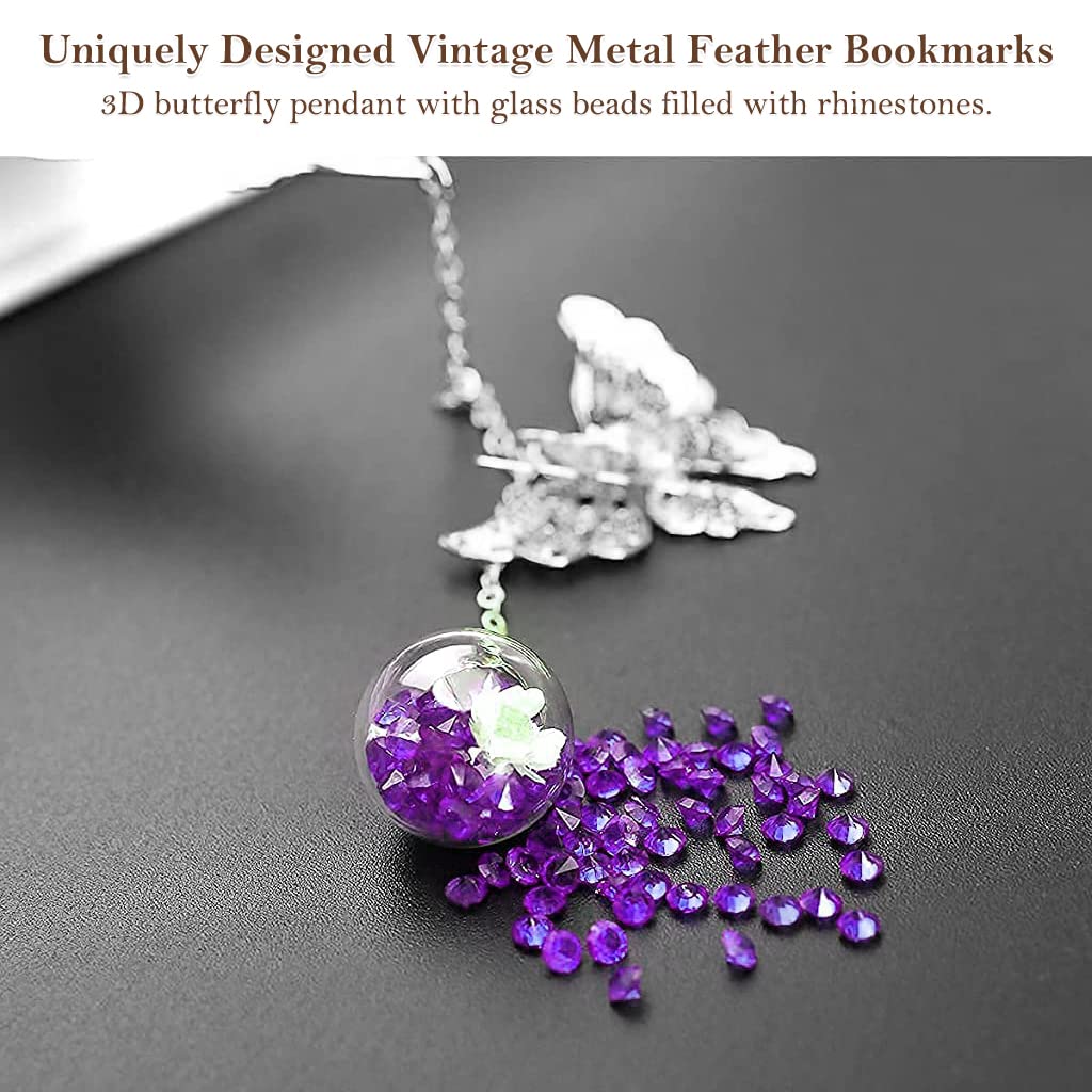 HASTHIP Metal Feather Bookmark for Reading and Gifting with 3D Butterfly & Glass Bead | 2 PCS Copper Set