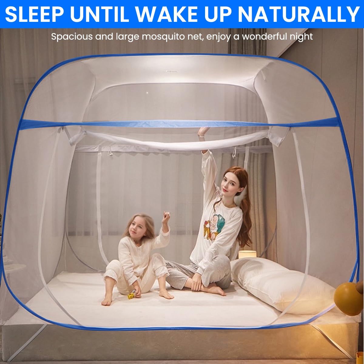 HASTHIP Pop Up Mosquito Net Tent for Double Bed with Dual Zip Doors and Mattress Straps | 6.6x5.9ft Breathable Mesh
