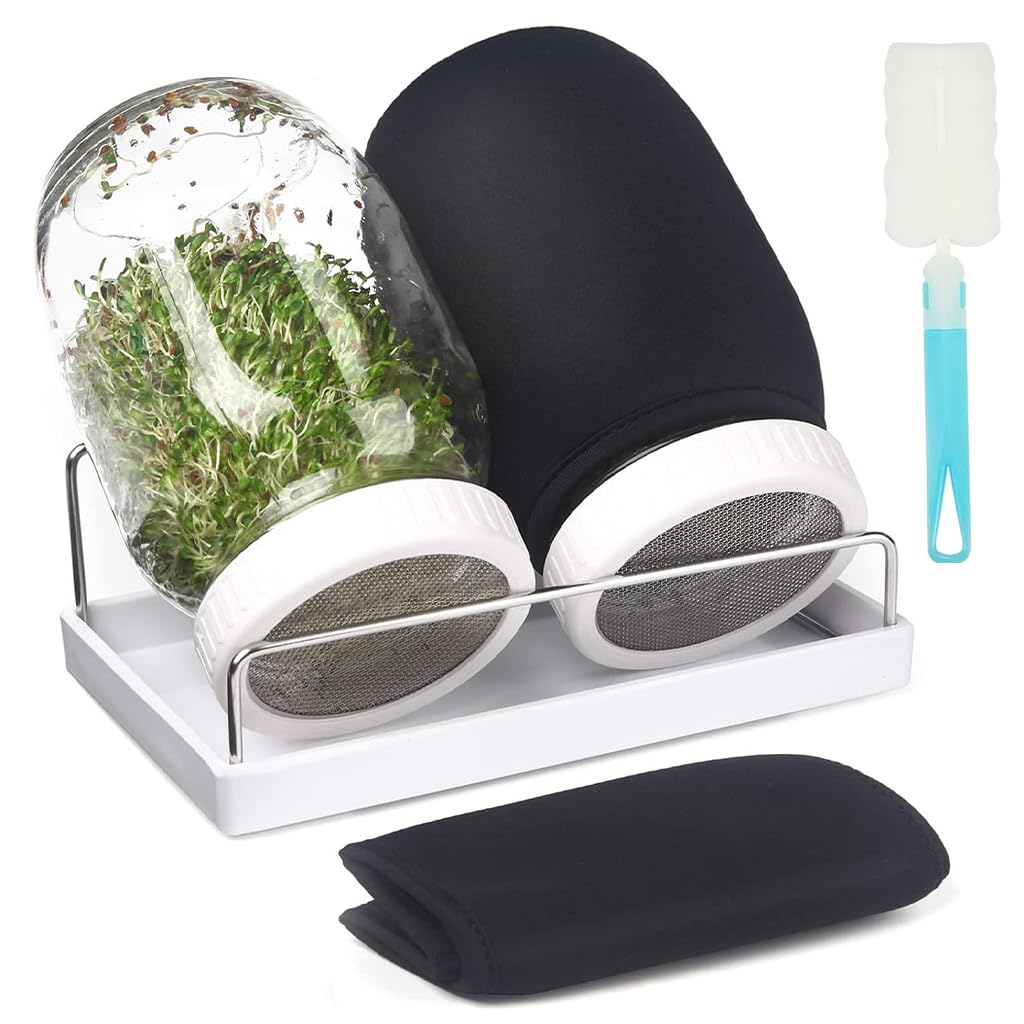 HASTHIP Seed Sprouting Jar Kit for Homemade Bean Sprouts featuring 32oz Glass Jar with Mesh Lid and Stainless Steel Stand | Includes Light Shield Sleeve