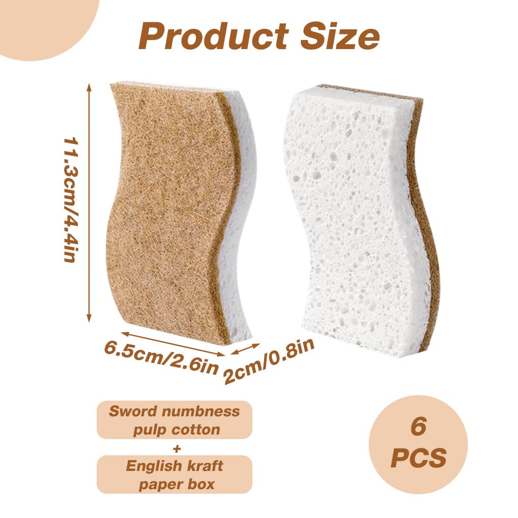 HASTHIP® 6 Pack Kitchen Sponges, Plant-Based Biodegradable Cellulose & Coconut Coir Scrub Sponges, Dual-Sided Non-abrasive Dish Sponges for Dishes, Countertops, Sink & Bathroom Cleaning