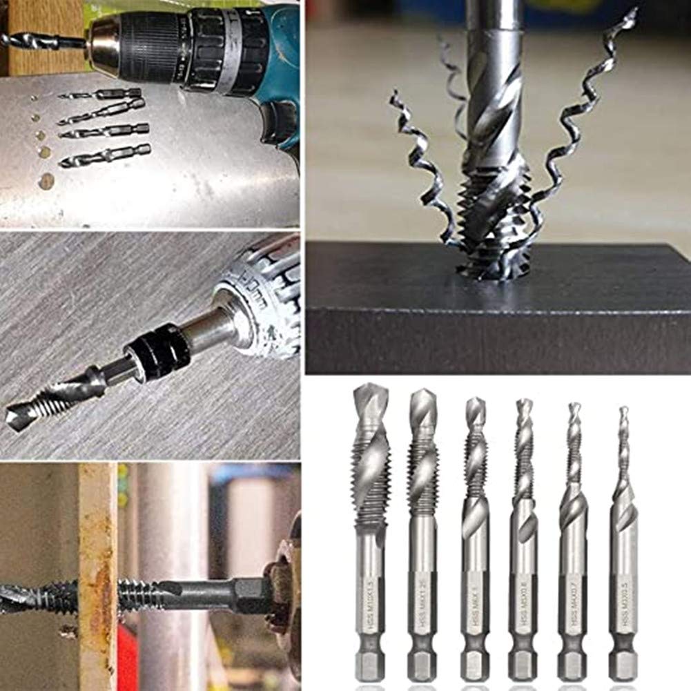 6 Pcs Spiral Tap Drill Bit Set, Titanium Coated HSS Fluted Machine Screw Tap Kit, 1/4" Hex Shank Countersunk Tap Drill Bit, Drill Taps Metric M3 M4 M5 M6 M8 M10 (Silver)