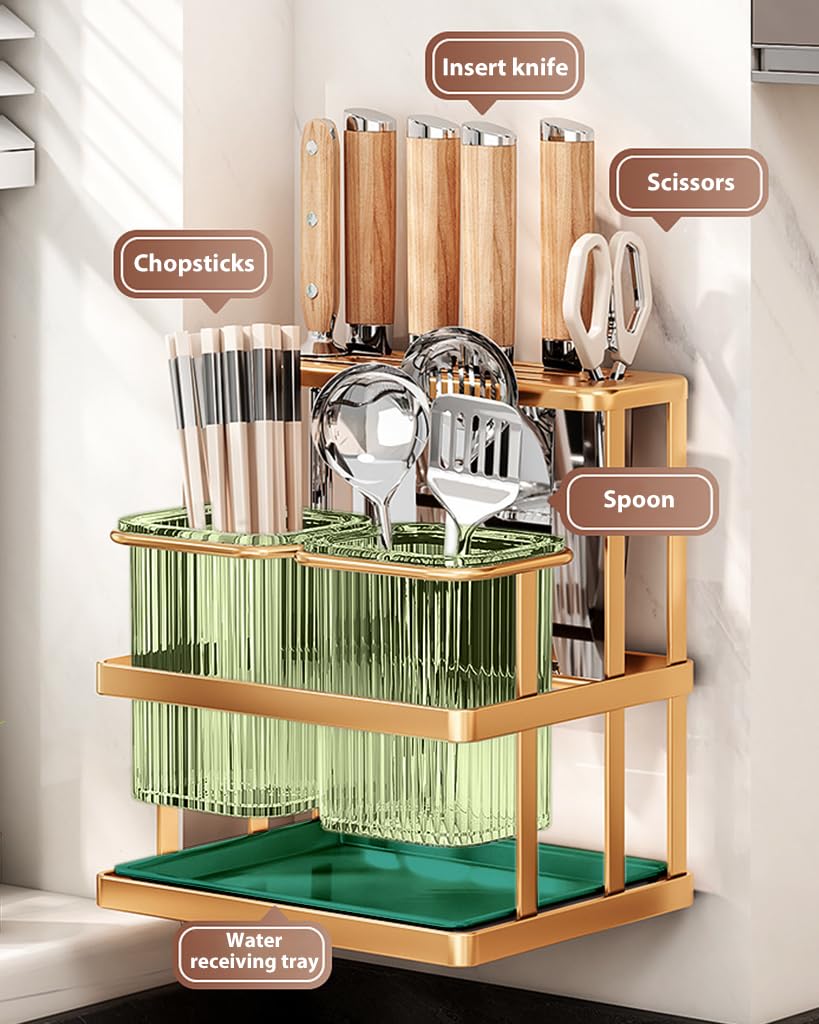 HASTHIP Kitchen Organizer Rack for Countertop and Wall Mounting with Dual Cutlery Cases | 20x15x22cm Carbon Steel Golden Finish