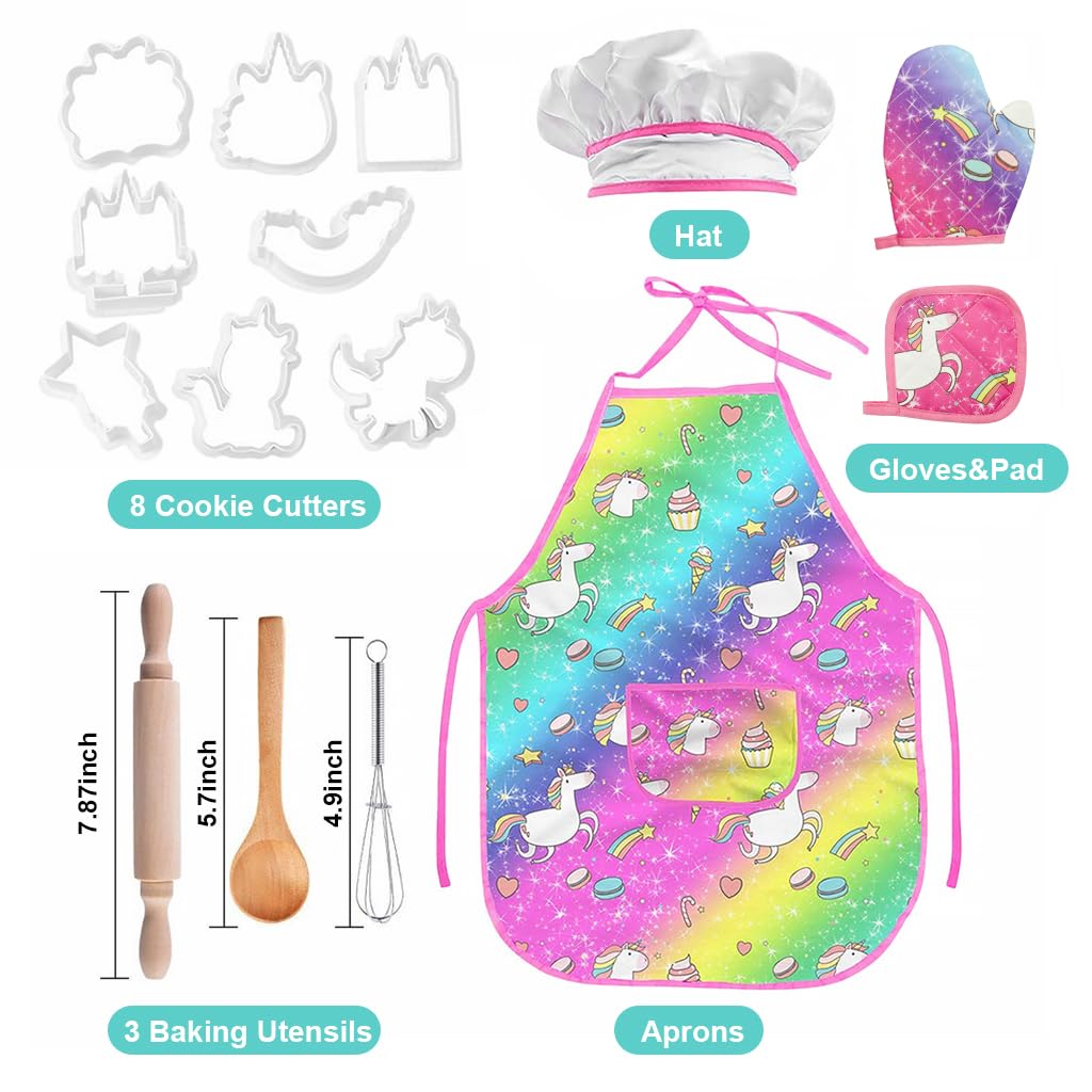 HASTHIP® 15Pcs Kids Baking Set, Including Unicorn Waterproof Chef Apron for kids, DIY Cookies Cutter Mold Set with Egg Whisk, Dough Rolling Pins, Cup, Cooking Set for Kids for Christmas, Party