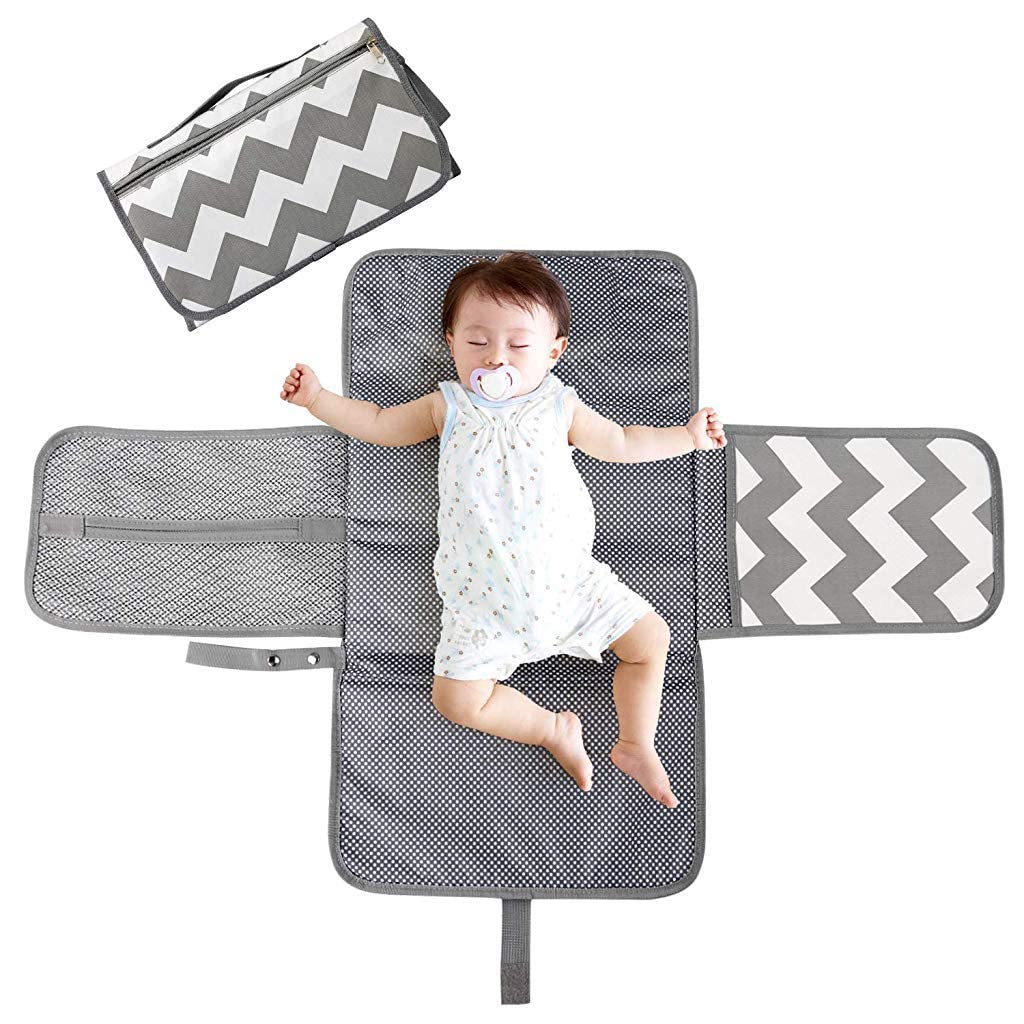 HASTHIP® Grey Waterproof & Foldable Baby Massage Pad with Head Cushion & Organizer Pockets or Diaper Changing Station Baby Mat for Home & Outside Travel