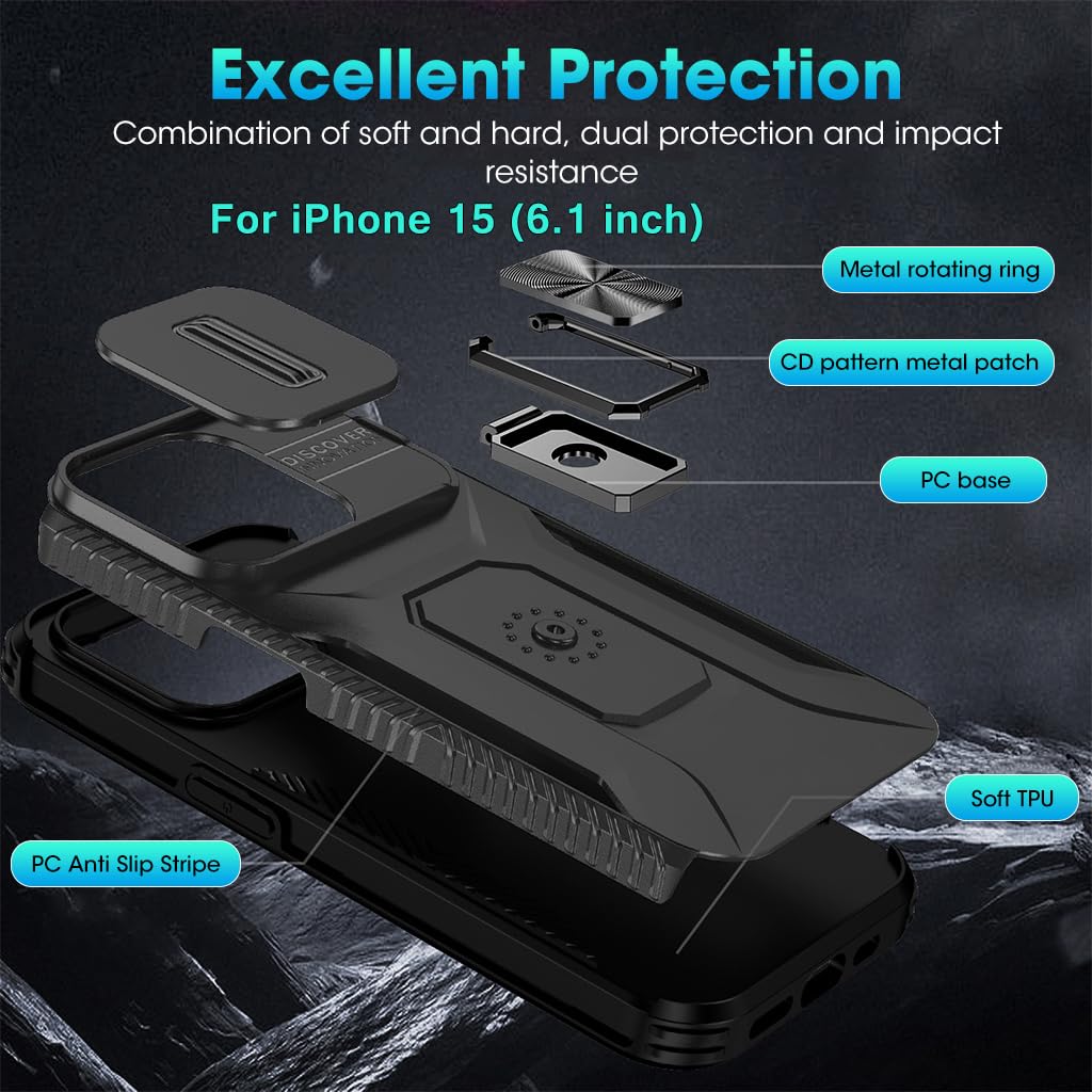 HASTHIP® Folding Phone Ring Grip & Sliding Camera Cover for iPhone 15, 6.1 Inch - Slim, Durable, Anti-Scratch, Shockproof Case with Kickstand - Multifunctional and Fashionable Design, Black