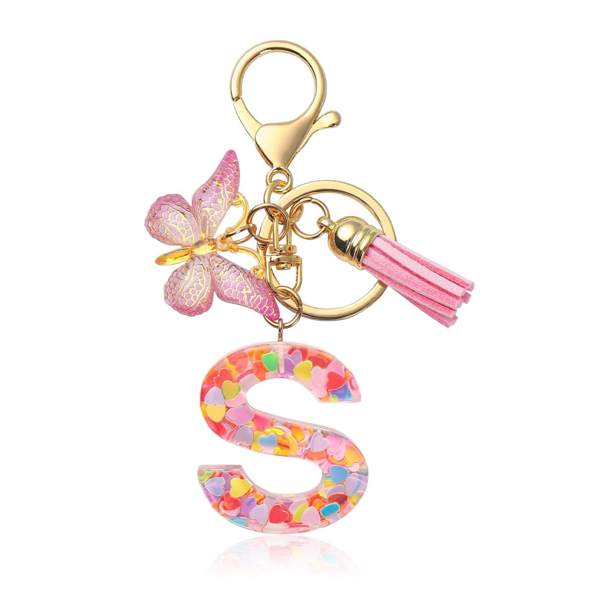 HASTHIP® Llavero Letra S para niñas con mariposa rosa, resina transparente con lentejuelas, colgante metálico elegante para bolso, mochila o llaves, regalo bonito y personalizado