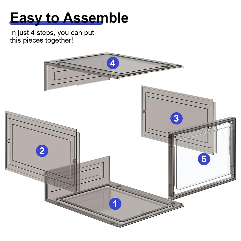 4 Packs Shoe Box Plastic Shoe Storage Separate Shoe Box with Magnet Door Stackable Shoe Organizer Universal Size Sneaker Shoe Box for Men Shoes Box for Women