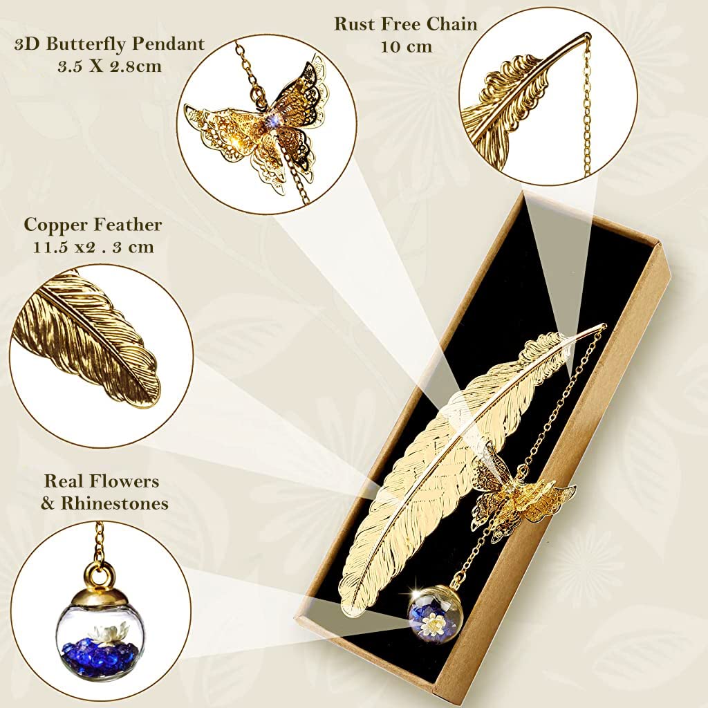 Supvox® Metal Feather Bookmark with Glass Beads Pendant, Vintage Feather Butterfly Bookmark for Reading Enthusiasts and Gifting, Bookmark Gift for Teachers Women Student, Random Color Flowers (Purple)