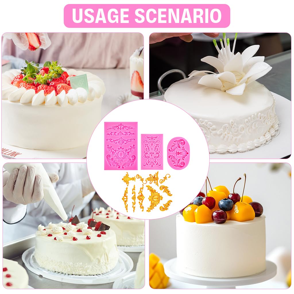 HASTHIP Fondant Silicone Molds Set of 3Pcs for Cake Decorating with Floral Lace Designs | Food Grade Reusable Baking Molds