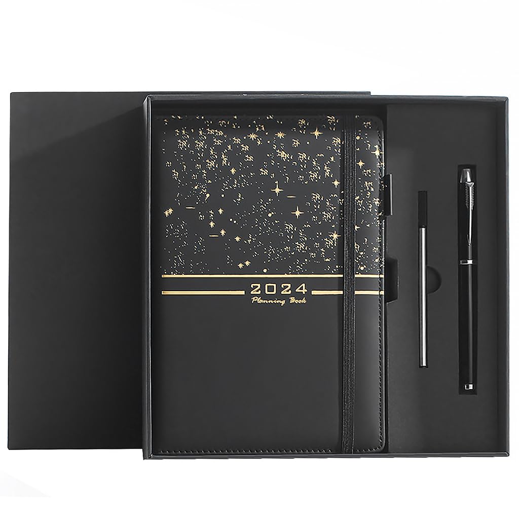 HASTHIP® 2024 Daily Planner, A5 Daily Diary, PU Leather Cover, Pen, Refill & Gift Box, Yearly, Monthly, Daily Planner Diary, Star Golden Embossing Cover Design Daily Planner, Gift for Kids Students