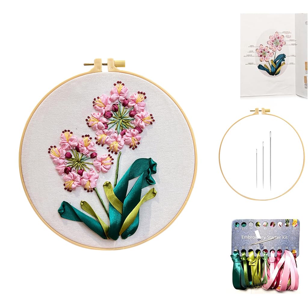 HASTHIP Embroidery Kit for Beginners with Pre Printed Canvas and Ribbon Art | Light Pink Set