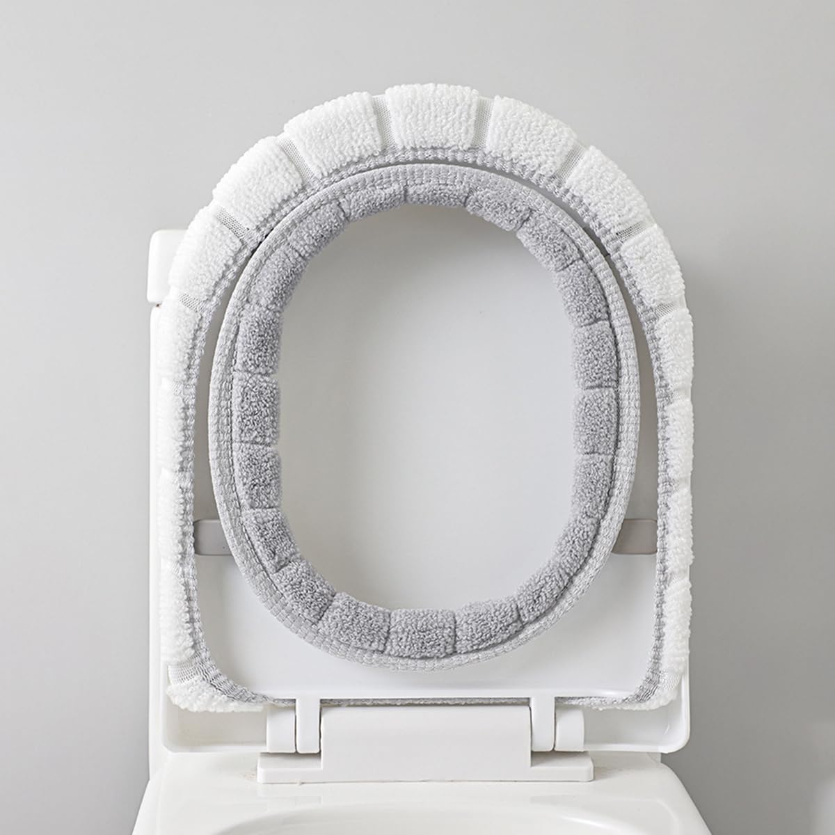 HASTHIP Soft Plush Winter Toilet Seat Cover with Elastic Edge and Loop in Grey and White | Acrylic Fiber Bathroom Seat Warmer for Comfort