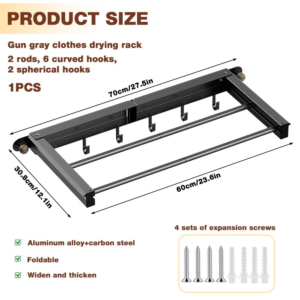 HASTHIP Folding Clothes Drying Stand for Bathroom and Balcony with 30.8x70cm Dual Row | Aluminum Steel Wall Mounted Design with 6 Hooks