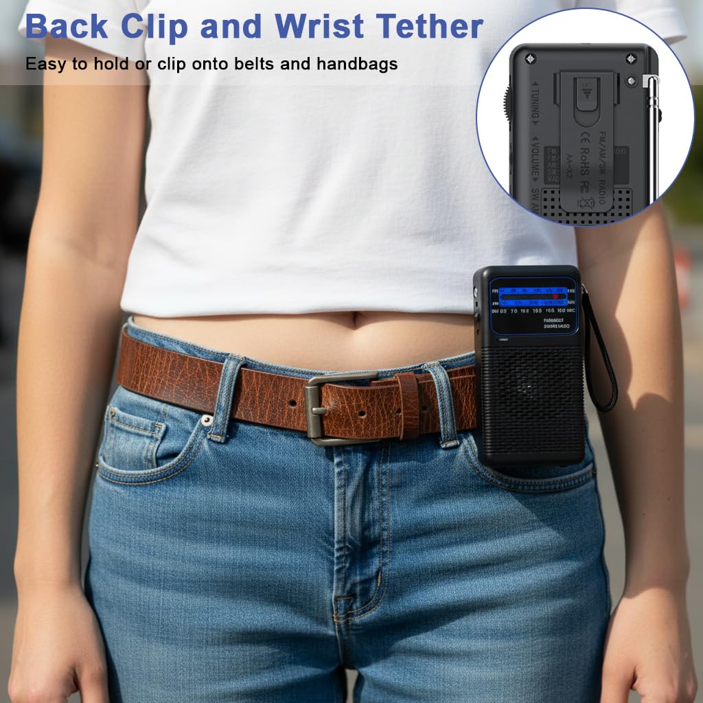 HASTHIP® Radio de Bolsillo con Luz, Radio Exterior FM/AM/SW de 3 Bandas, Toma para Auriculares de 3.5mm, Pantalla LCD, Mini Radio para Camping, Viajes y Emergencias, Funciona con Pilas (Sin Batería)