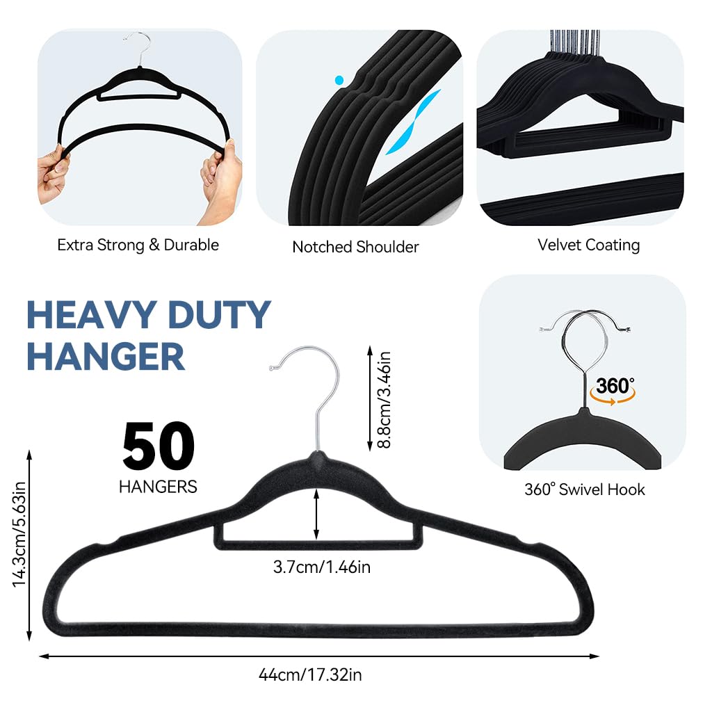 HASTHIP Velvet Hangers for Clothes with Non Slip Flocked Design 50Pcs | Space Saving Wardrobe Organizer