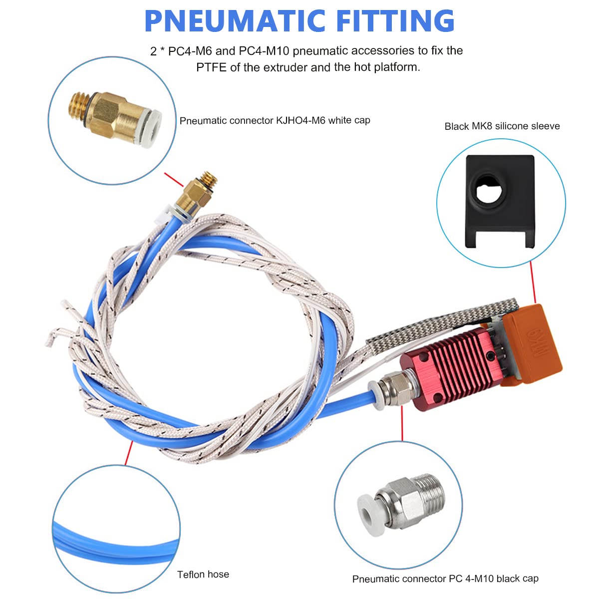 Upgrade 3D Printer Kit with Capricorn Premium XS Bowden Tubing 1M, PTFE Teflon Tube Cutter, Pneumatic Fittings and MK8 Socks and Extra Nozzles for Ender 3/3 Pro/ 5/ Vyper/Voxelab Aquila