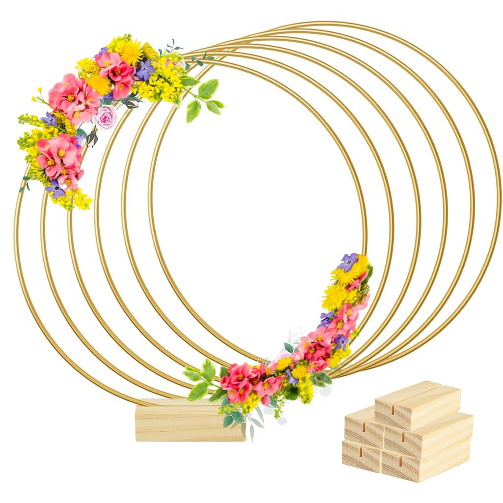 HASTHIP® 6Pcs 12-Inch Golden Floral Hoops with Wooden Holder, Metal Macrame Gold Wreath Ring, Party Display Cake Stand for Wedding Table Settings, Romantic Dining Decor, Party Ornaments