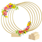 HASTHIP® 6Pcs 12-Inch Golden Floral Hoops with Wooden Holder, Metal Macrame Gold Wreath Ring, Party Display Cake Stand for Wedding Table Settings, Romantic Dining Decor, Party Ornaments