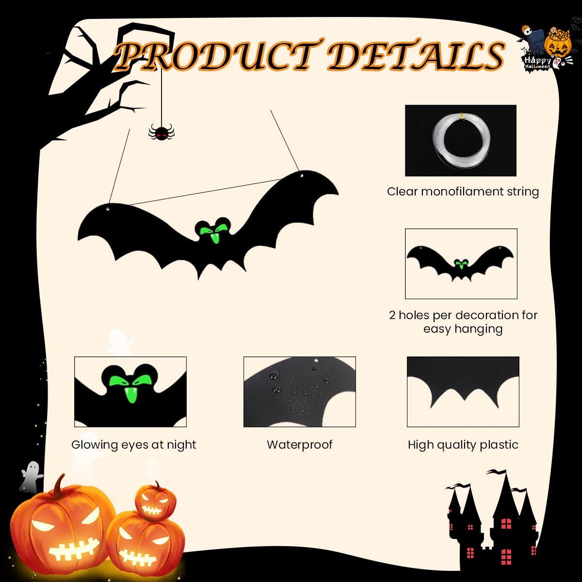 HASTHIP Halloween Home Decorations for Party with 13 Bats & Glow-in-the-Dark Eyes | PVC Wall and Tree Hanging Decor